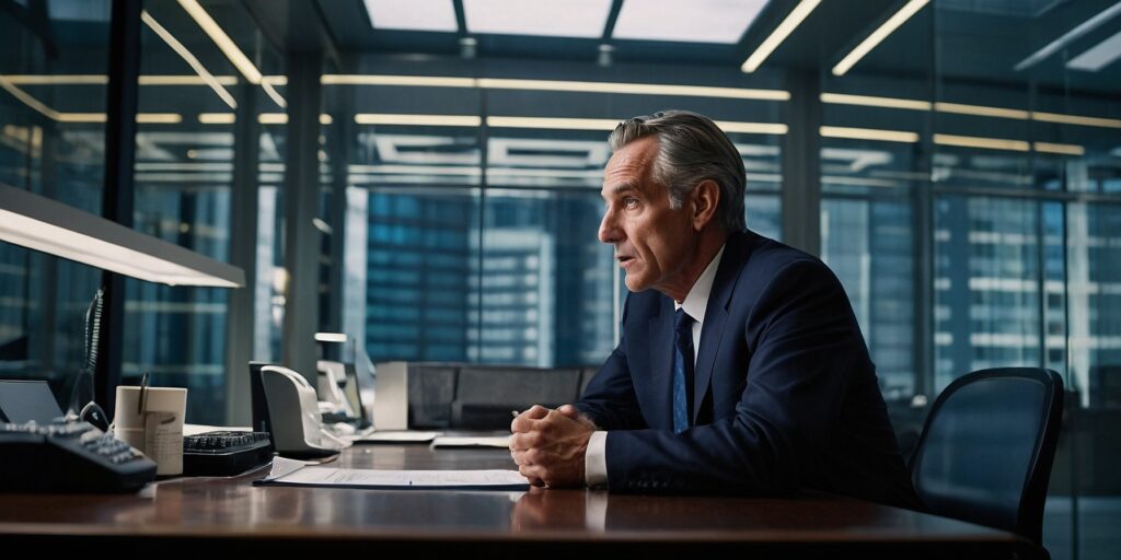 Un fonctionnaire en discussion avec un supérieur hiérarchique dans un bureau lumineux.