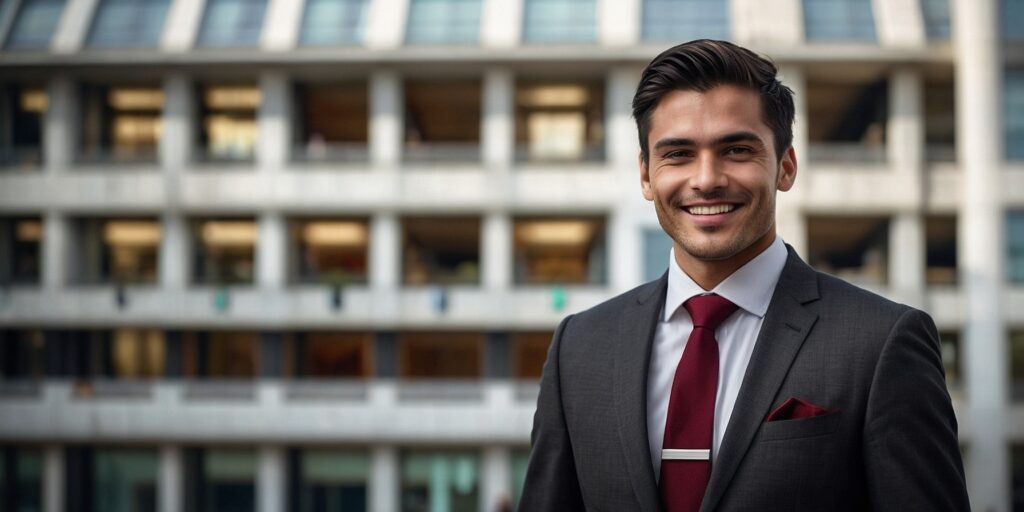 Un professionnel souriant et confiant au milieu d'un groupe de personnes lors d'un événement professionnel.