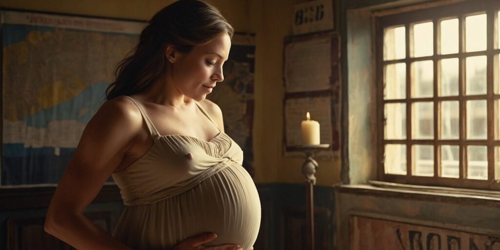 Une femme enceinte debout, souriante, tenant son ventre et regardant son calendrier