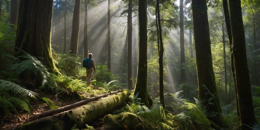 Une image d'une activité touristique responsable, comme une randonnée dans une forêt préservée guidée par un guide local.