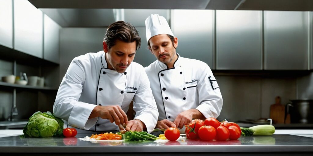 Un chef cuisinier bio prépare un plat à base de légumes frais et bio, en utilisant des techniques culinaires saines et respectueuses des ingrédients