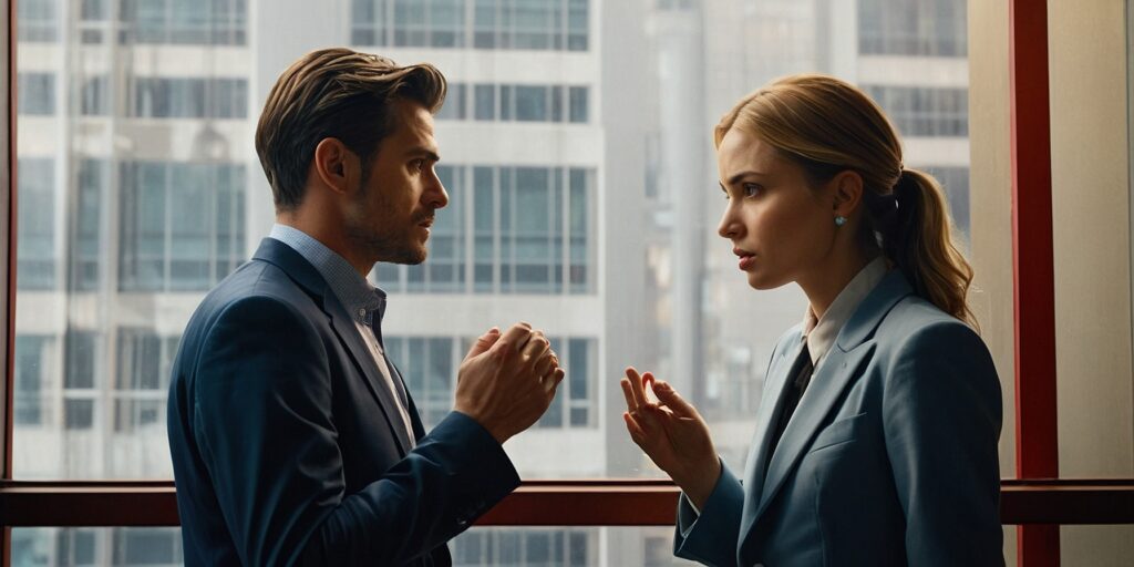 Illustration de deux personnes discutant avec des expressions négatives sur leur visage, représentant une situation de conflit au travail.