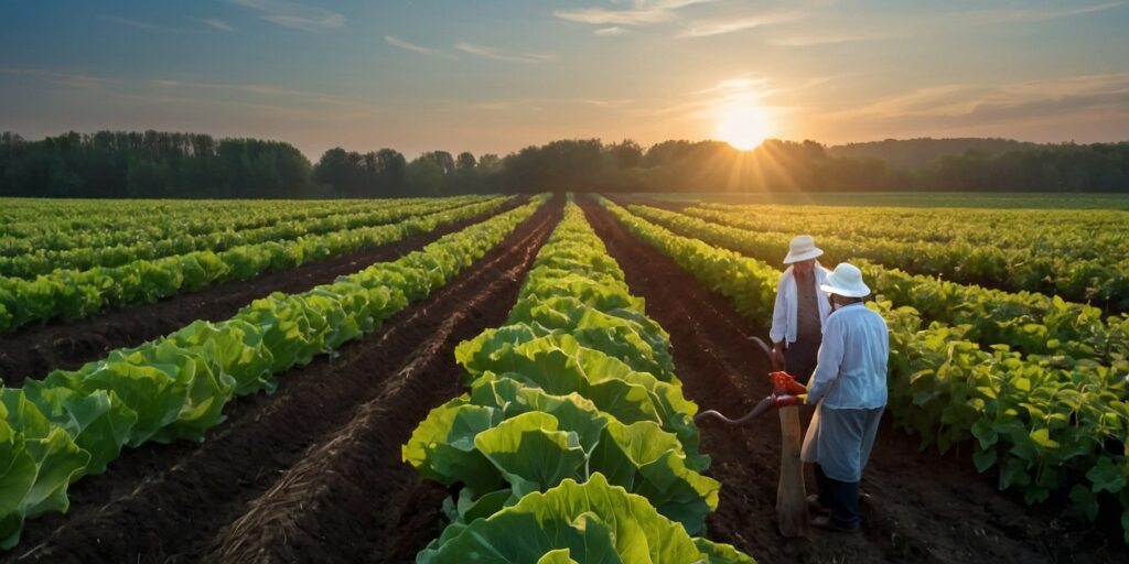 Un agriculteur bio expérimenté, passionné, travaillant dans ses champs, observant la croissance de ses cultures avec un sourire.