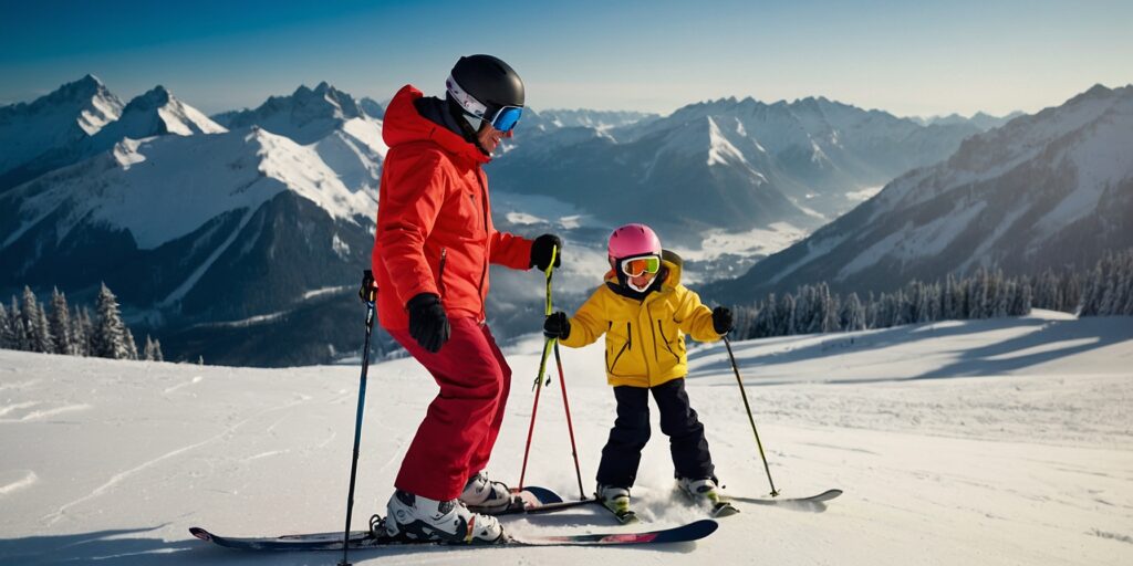 Une image d'un moniteur de ski enseignant à des enfants sur une piste enneigée, avec une vue panoramique sur les montagnes.