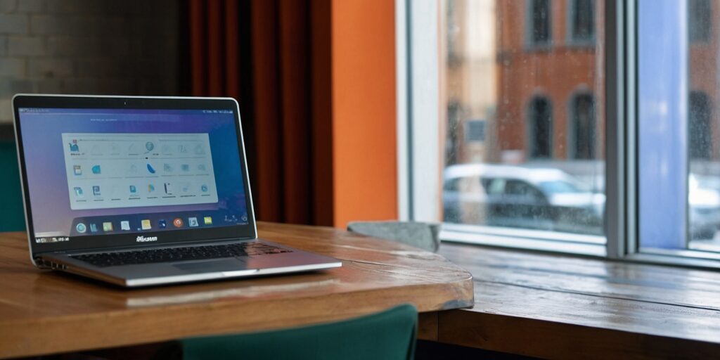 Photo d'une personne travaillant sur un ordinateur portable dans un café, avec une vue sur une ville en arrière-plan.