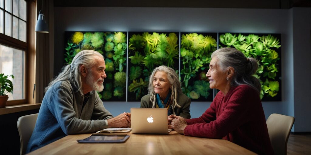 Un groupe de personnes de différentes générations et cultures se réunissent dans un espace de travail moderne et collaboratif. Ils sont engagés dans une discussion animée, entourés d'ordinateurs portables et d'écrans interactifs.