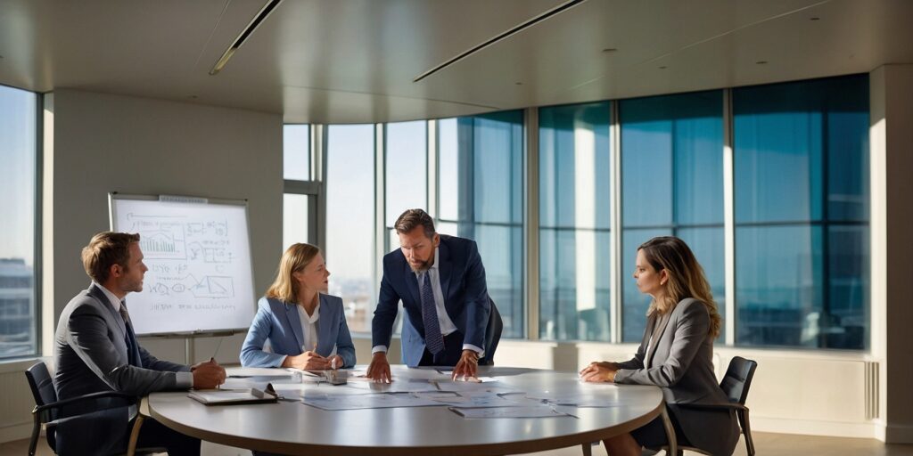 Photo de personnes participant à une réunion de brainstorming autour d'un tableau blanc.