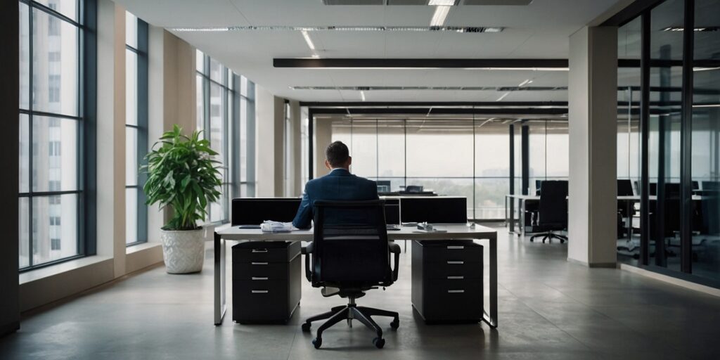 Image d'un travailleur salarié dans un bureau moderne, utilisant un ordinateur portable et des documents.