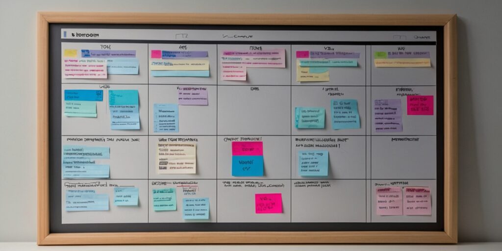 Une image montrant un tableau Kanban avec des cartes représentant des tâches en cours et achevées, sur un outil de gestion de projet comme Trello.