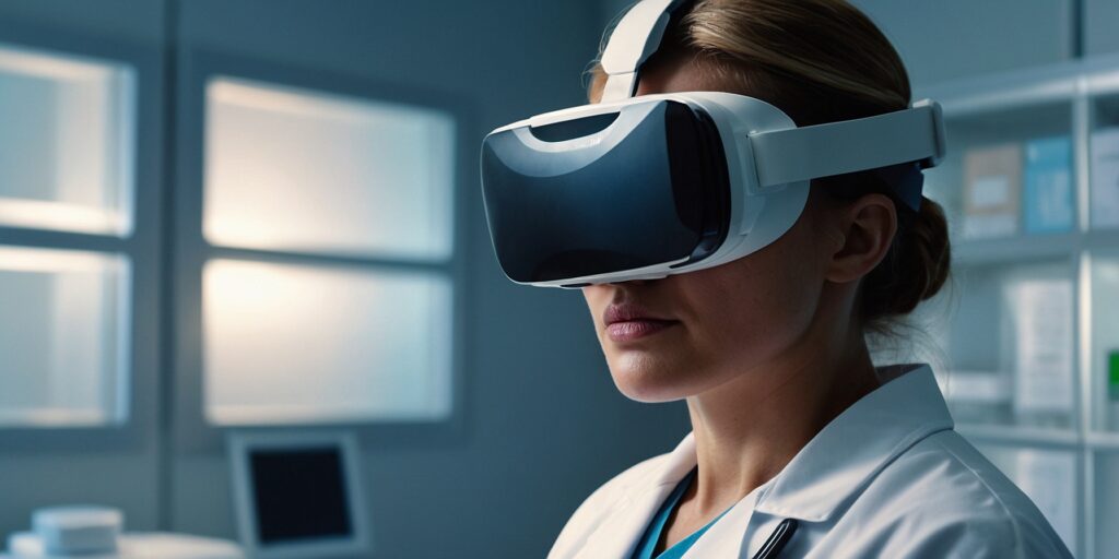 Un professionnel de santé utilisant un casque VR thérapeutique avec un patient. L'image doit montrer un environnement clinique et mettre en avant l'interaction entre le professionnel et le patient.