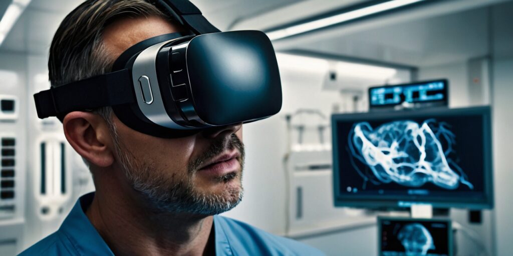 Un chirurgien utilise un casque de réalité virtuelle pour une simulation d'opération d'une jambe, ce qui lui permet de se familiariser avec la procédure et les outils avant d'opérer un patient réel.