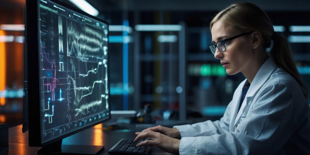 Photo d'une personne en formation dans un laboratoire scientifique, travaillant sur un ordinateur avec des graphiques et des schémas à l'écran