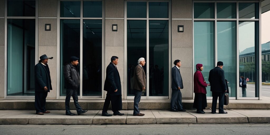 Une image d'une file d'attente de personnes au chômage, devant un bureau d'emploi.